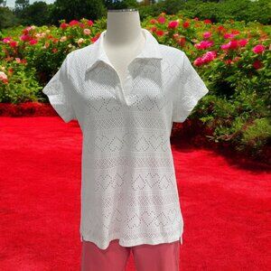 Eleven By Venus Williams Womens White Eyelet Devotion Polo Shirt XL Cotton Blend